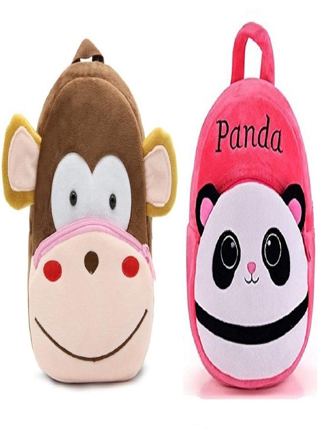 Black Hill Kids School Bag Combo Soft Plush Backpack Cartoon Bags Mini Travel Bag for Children Girls Boys (Monkey & New Pink Panda) - Image 1